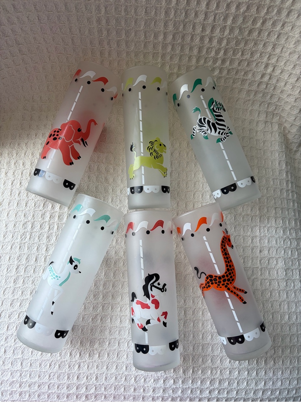 Vintage Libbey Set/6 Frosted Carousel Animal Glasses Excellent Like New Used